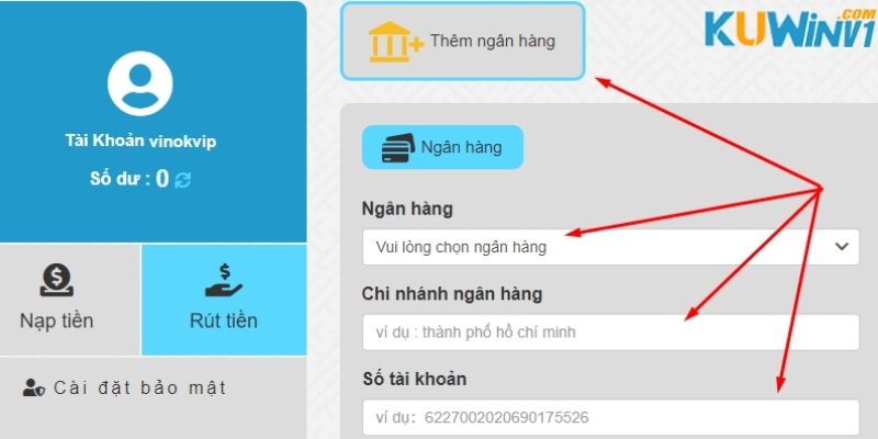 Người chơi cần cài đặt ngân hàng chính chủ để có thể thực hiện rút tiền